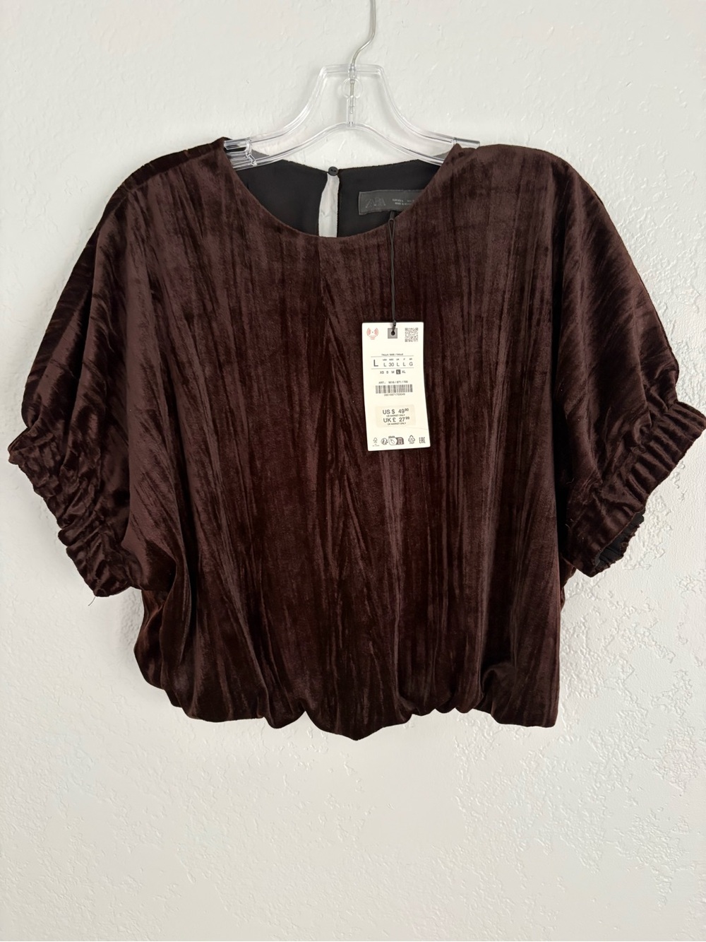 Brand New with tags - Zara Brown Velvet Short-Sleeve Tunic